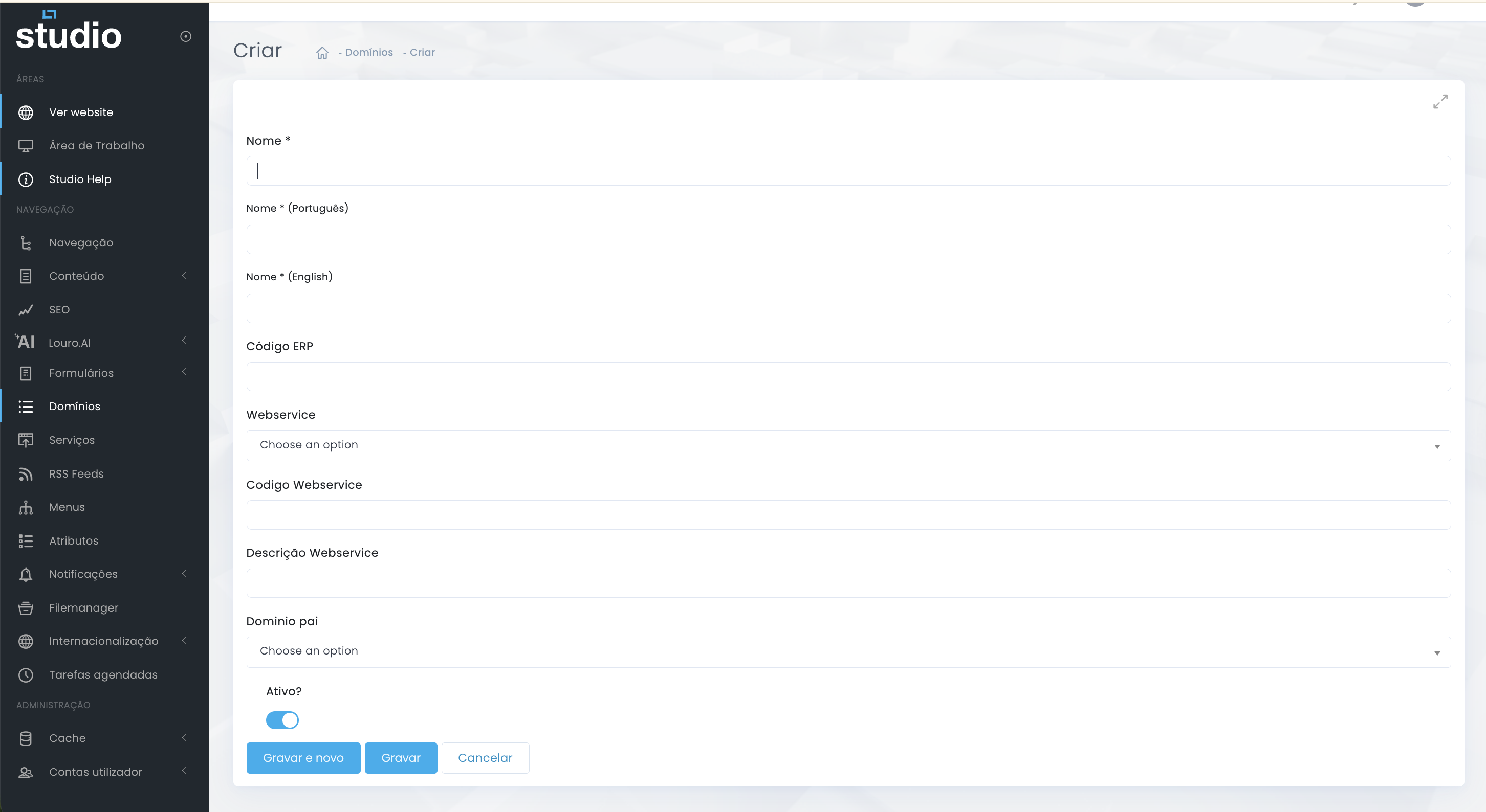 Formulário de edição de domínio no Studio CMS